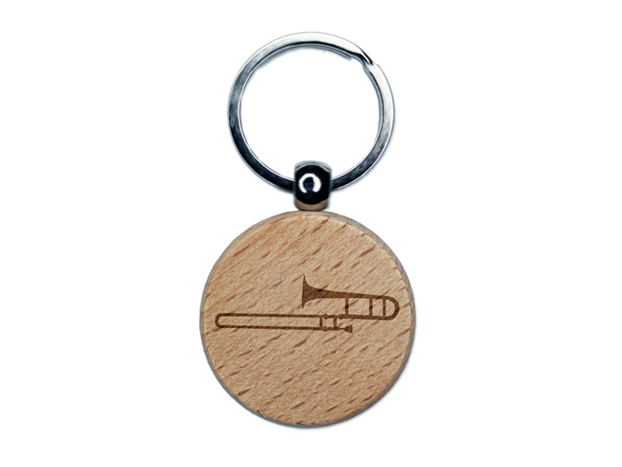 Trombone Music Instrument Silhouette Engraved Wood Round Keychain Tag Charm